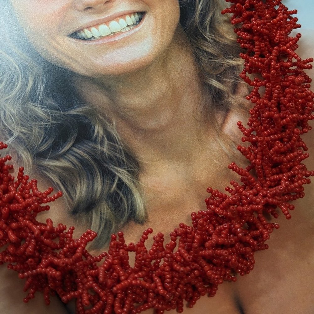 VINTAGE Late 1990s Multi Strands Glass Big Coral Like Fringe Statement Necklace